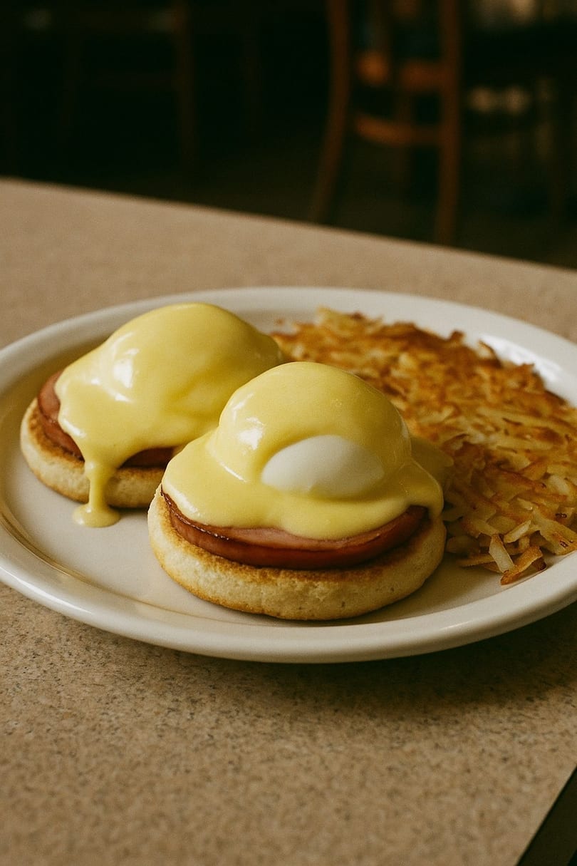 Two eggs Benedict with ham and hollandaise sauce, served with hash browns at FlapJacks Diner.