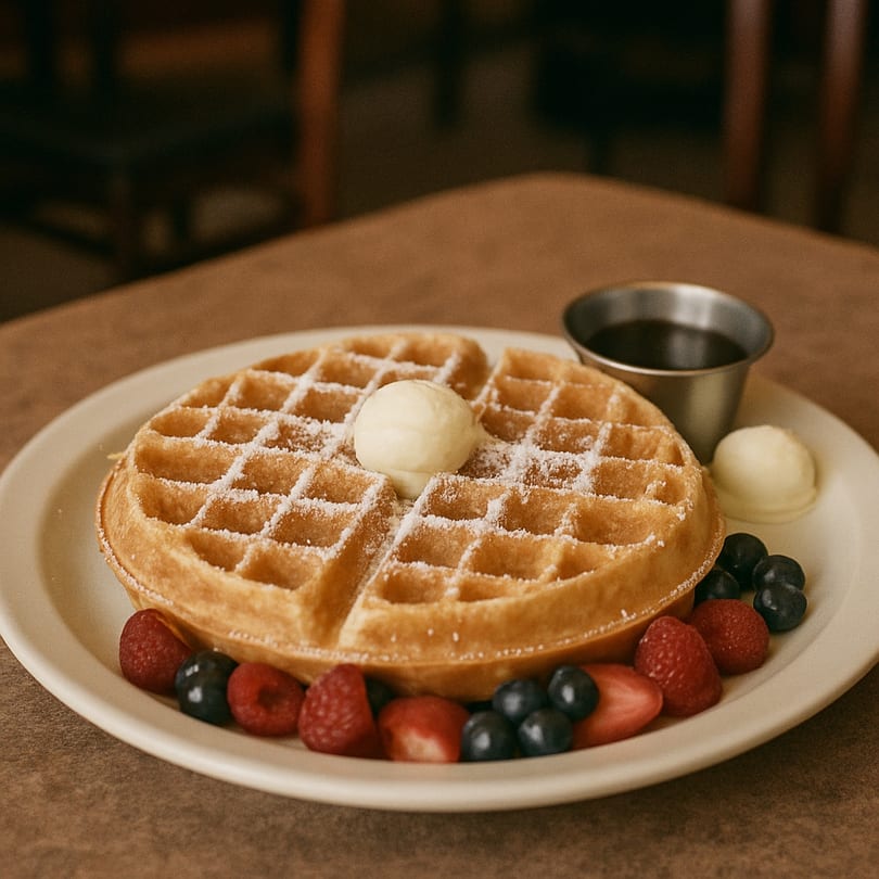 Golden waffle with butter, powdered sugar, mixed berries, and a side of syrup at FlapJacks Diner.