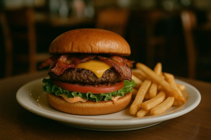 A FlapJacks Diner bacon cheeseburger with lettuce, tomato, and fries on a white plate.